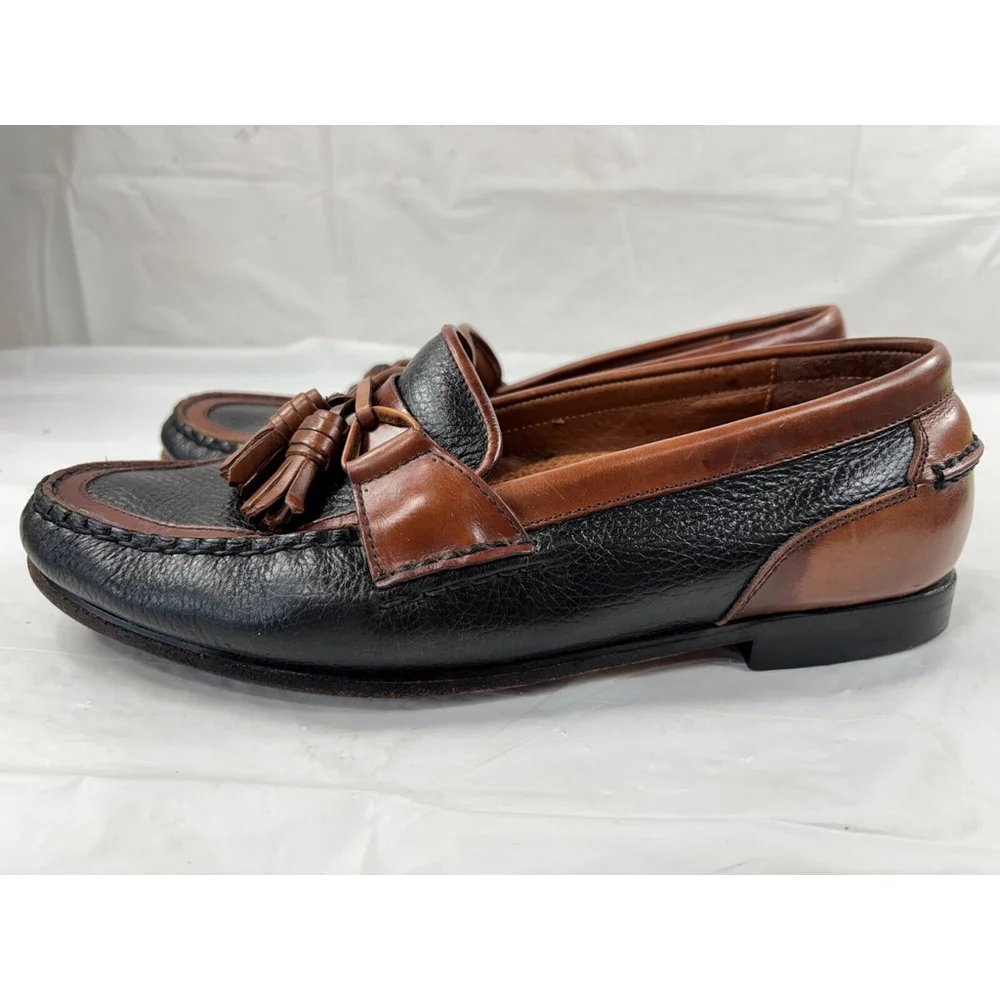 Florsheim Men Loafers Tassel Sz 10 D Leather Black Pebble-Grain Brown Trim Shoes